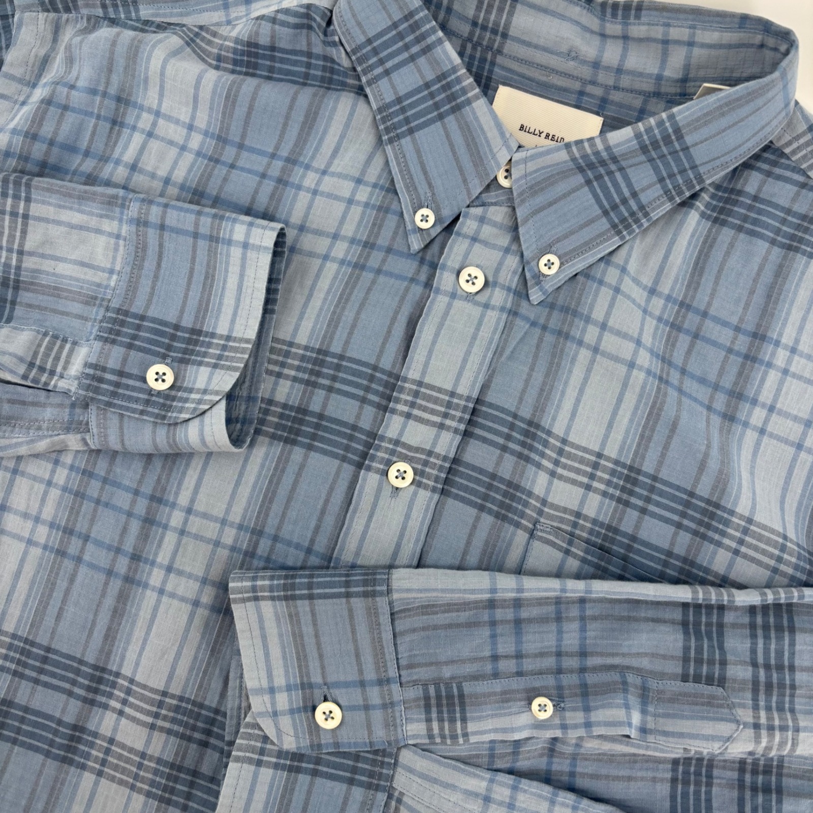Billy Reid Button Down Shirt Mens L Blue Excellent Plaid Standard Cotton Stretch
